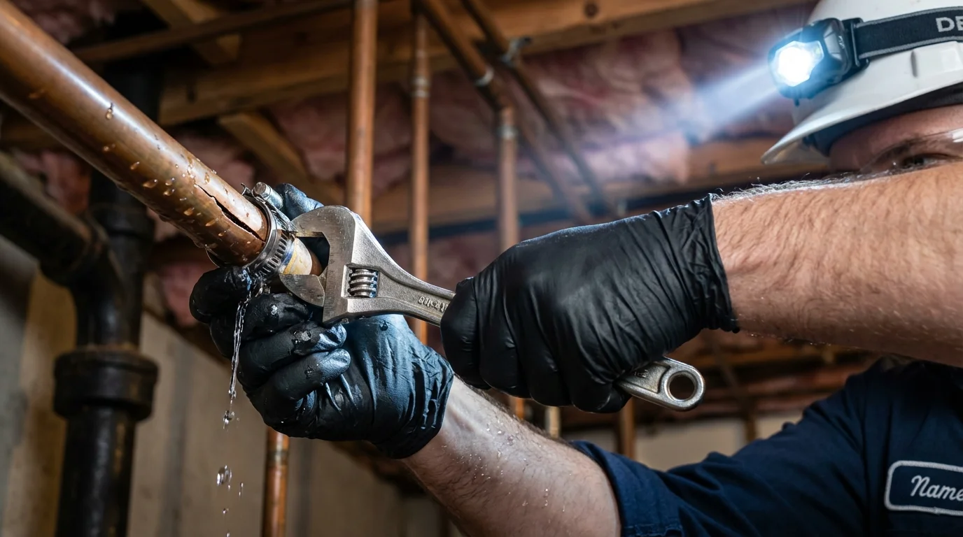 Emergency pipe clamp repair being performed by a Johns Plumbing LLC plumber in Alpine